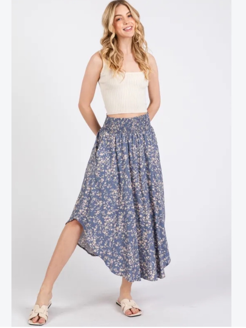 Smocked Waist Blue Floral High-Low Skirt Sozy